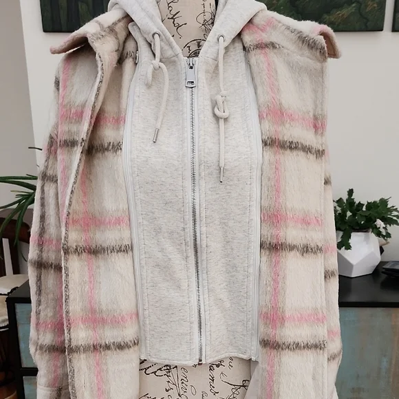 NEW - 7 FOR ALL MANKIND Pink & Cream Plaid Shacket Duster Coat - Picture 2 of 13